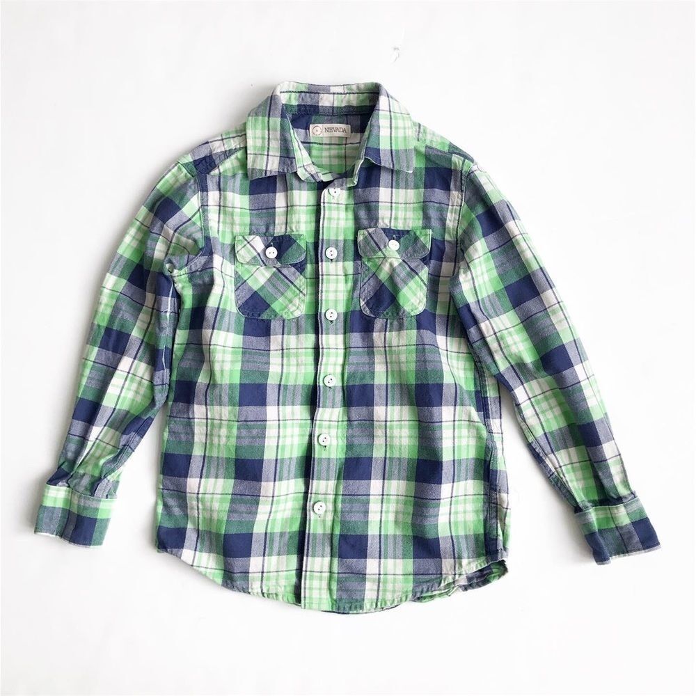 Nevada navy/green/white plaid button down EUC 8Y